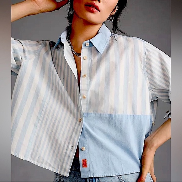 Scotch & Soda Stripe Mix Boxy Cotton Denim Chambray Shirt, NEW - Picture 1 of 13